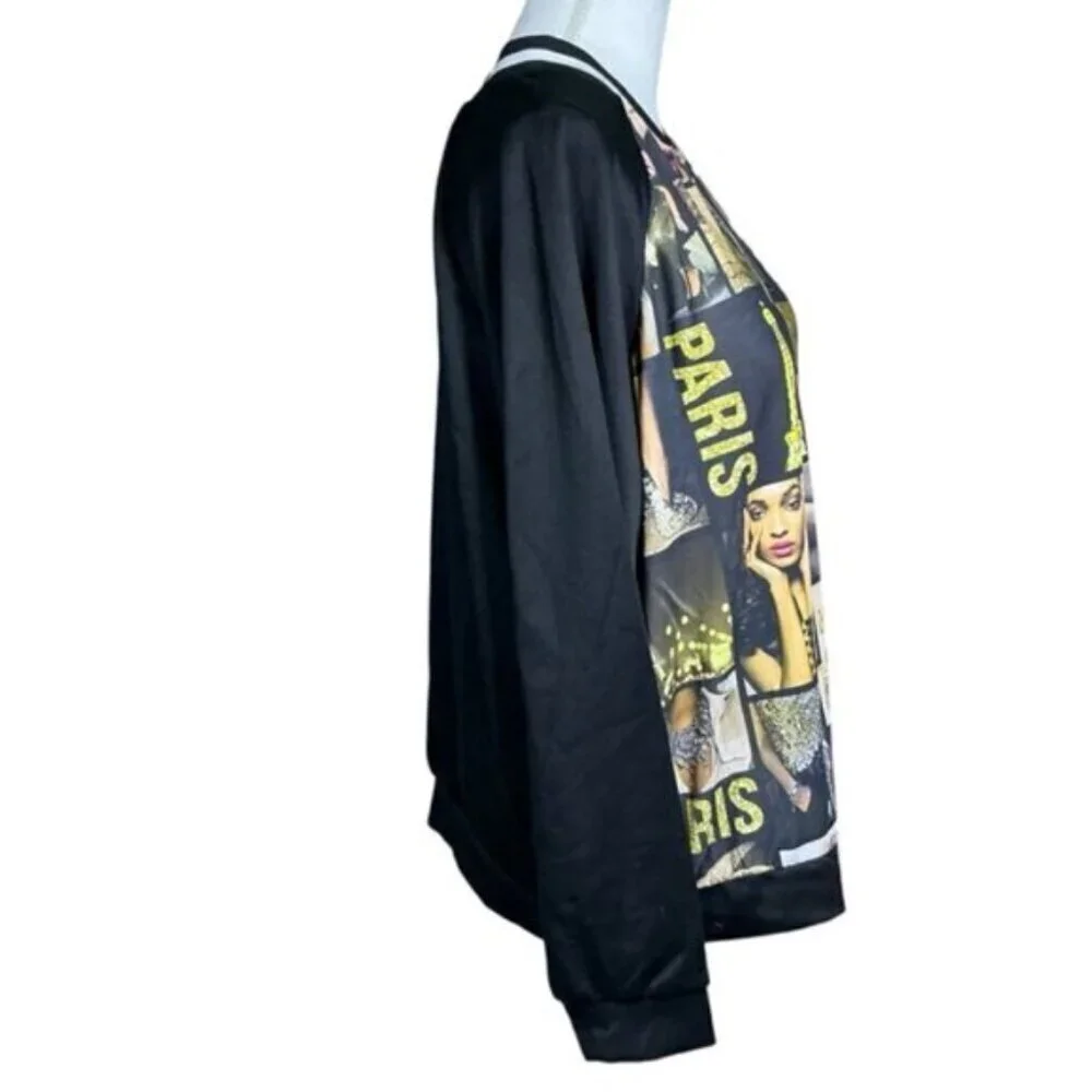 Blush Paris Bomber Jacket Magazine Varsity Zip Up Gold Black Women Large-XLarge - Picture 2 of 15
